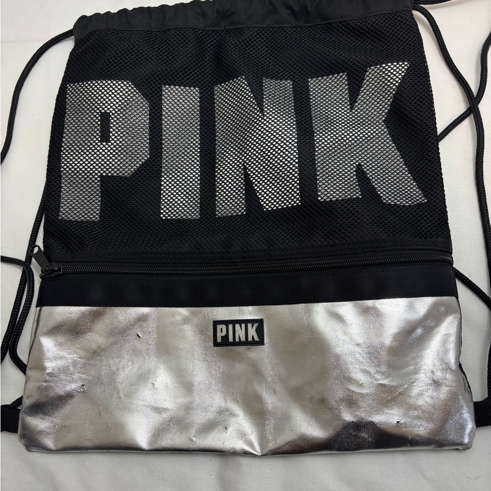 Victoria Secret Black and Silver PINK Drawstring Bag
